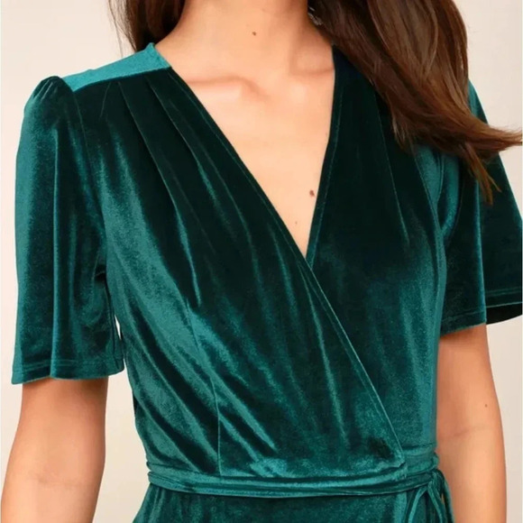 Lulus Amour Teal Green Luxe Stretch Velvet High-Low Wrap Dress V-Neck Size M - Picture 4 of 15